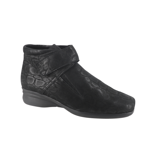 Boots plates GERRY, marque française HIRICA, en cuir/nubuck avec bride à la cheville, doublure et semelle en textile velouté et montée sur une semelle compensée de 3,5 cms en gomme